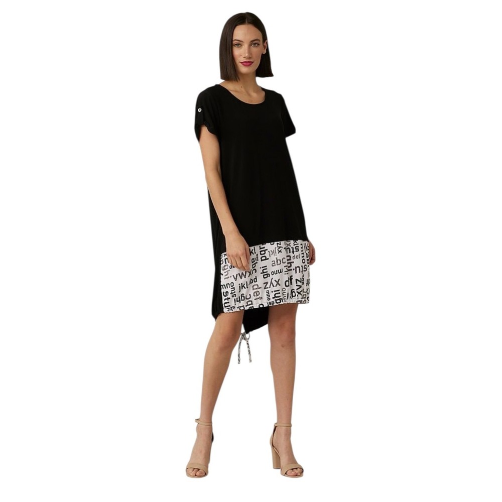Joseph Ribkoff Black Dress Tie Hem Graphic Print Casual T-Shirt Dress Size 14‎